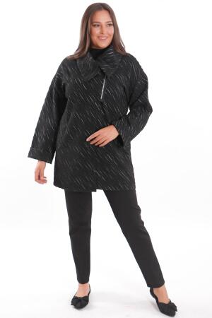 Büyük Beden Dökümlü Yaka Simli ve Cep detaylı Yarım Fermuar Gümüş Ceket - 5