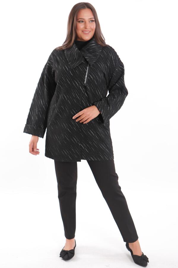 Büyük Beden Dökümlü Yaka Simli ve Cep detaylı Yarım Fermuar Gümüş Ceket - 5