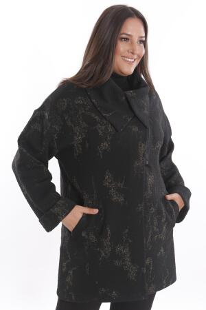 Büyük Beden Dökümlü Yaka Simli ve Cep detaylı Yarım Fermuar Siyah Ceket - Angelino Moda