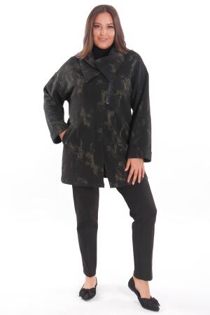 Büyük Beden Dökümlü Yaka Simli ve Cep detaylı Yarım Fermuar Siyah Ceket - Angelino Moda (1)