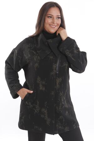 Büyük Beden Dökümlü Yaka Simli ve Cep detaylı Yarım Fermuar Siyah Ceket - 3