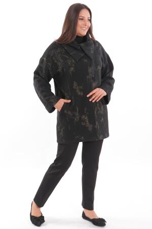 Büyük Beden Dökümlü Yaka Simli ve Cep detaylı Yarım Fermuar Siyah Ceket - 4