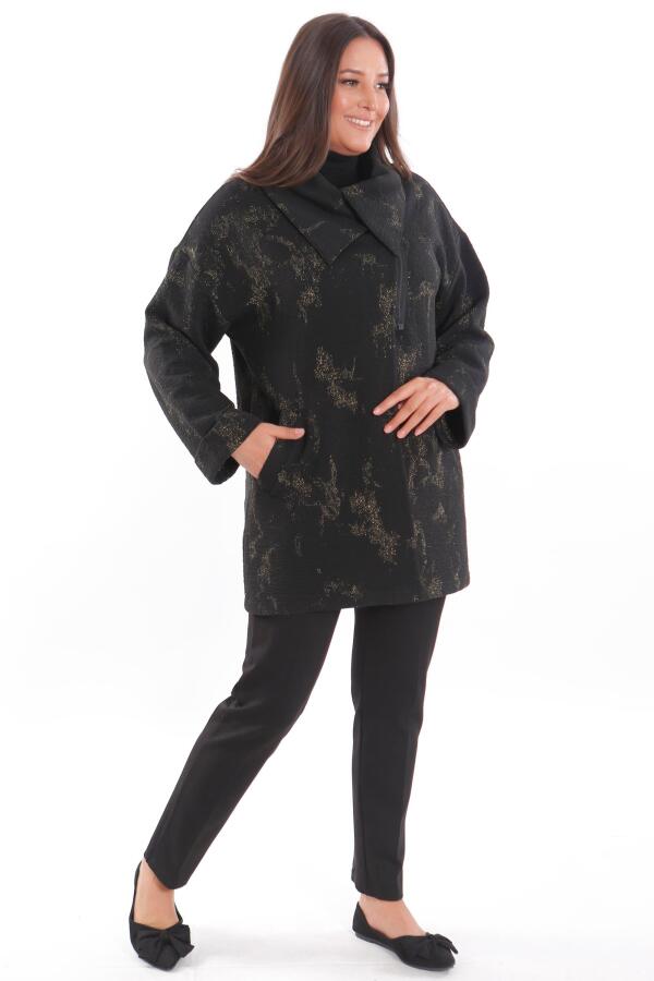 Büyük Beden Dökümlü Yaka Simli ve Cep detaylı Yarım Fermuar Siyah Ceket - 4