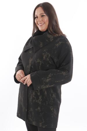 Büyük Beden Dökümlü Yaka Simli ve Cep detaylı Yarım Fermuar Siyah Ceket - 5