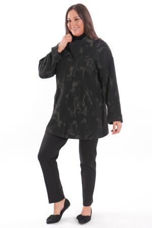 Büyük Beden Dökümlü Yaka Simli ve Cep detaylı Yarım Fermuar Siyah Ceket - 6