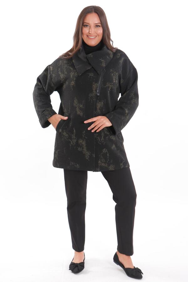 Büyük Beden Dökümlü Yaka Simli ve Cep detaylı Yarım Fermuar Siyah Ceket - 7