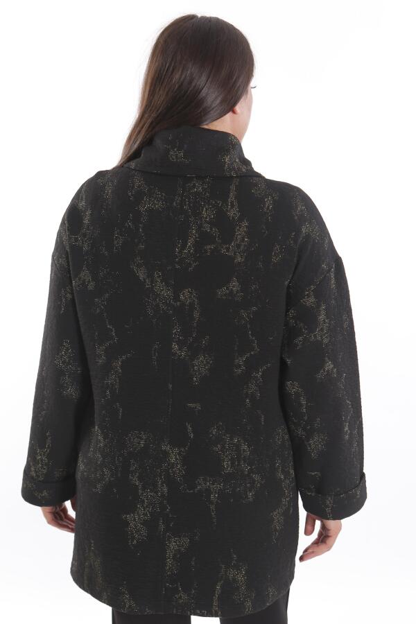 Büyük Beden Dökümlü Yaka Simli ve Cep detaylı Yarım Fermuar Siyah Ceket - 8