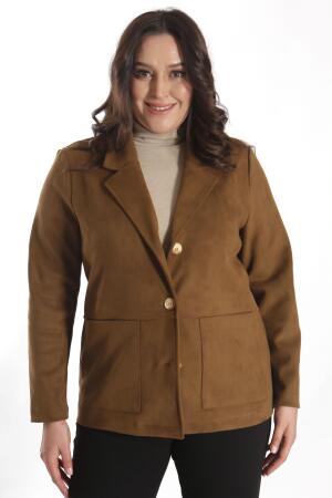 Büyük Beden Düğmeli ve Cep Detaylı Kahverengi Süet Ceket - Angelino Moda