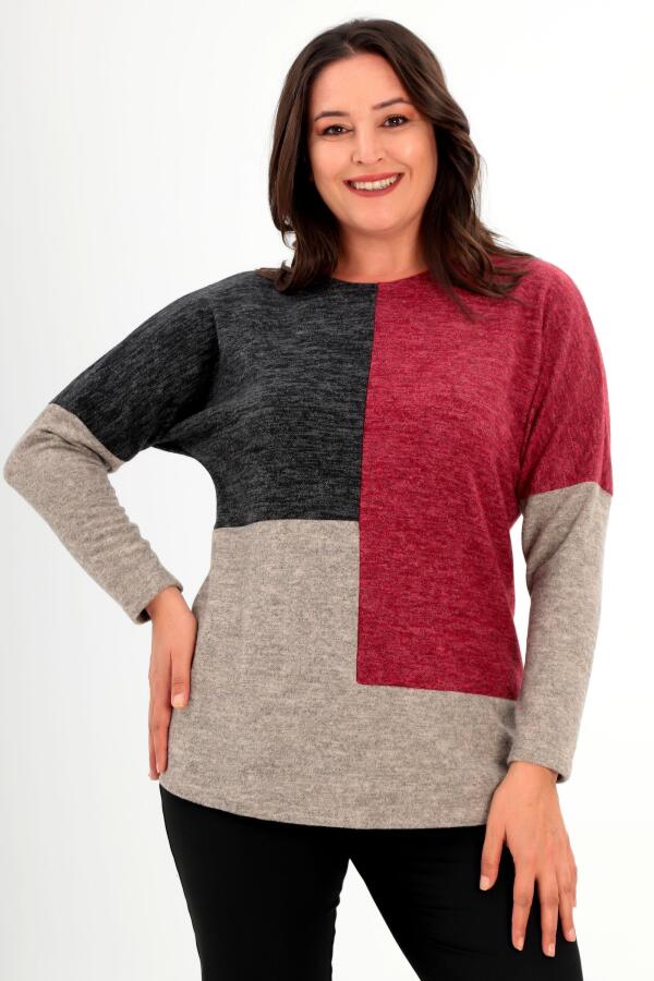 Trend42plus Büyük Beden Düşük Kol Asimetrik Kesim Bordo Triko Bluz - 2