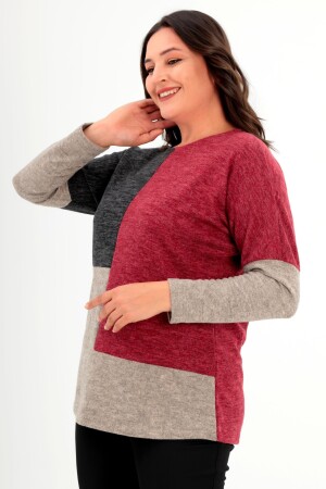 Trend42plus Büyük Beden Düşük Kol Asimetrik Kesim Bordo Triko Bluz - 3