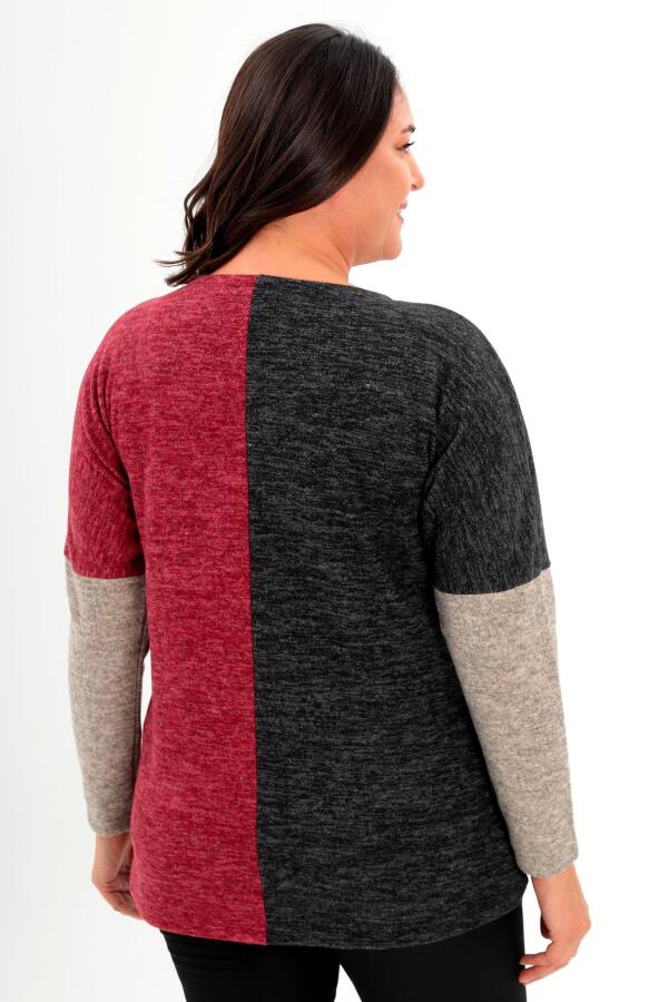 Trend42plus Büyük Beden Düşük Kol Asimetrik Kesim Bordo Triko Bluz - 5
