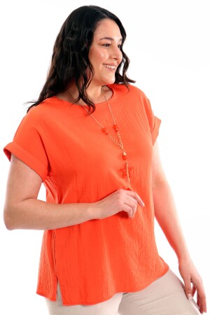 Büyük Beden Düşük kol Basic Oranj Bluz - 3