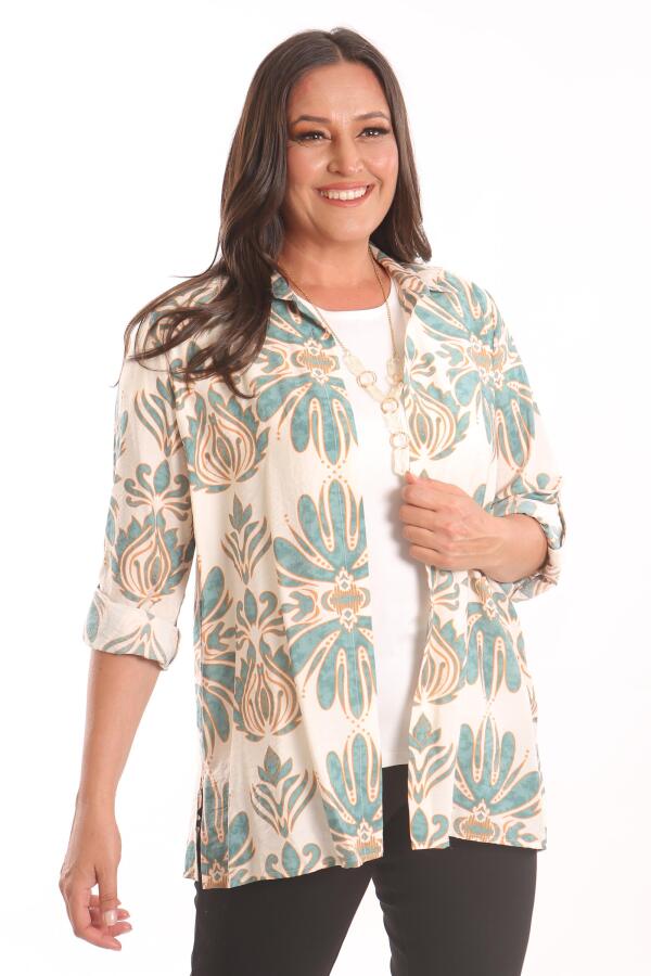 Büyük Beden Etnik Desenli Yeşil Gömlek Bluz İkili Takım - 1