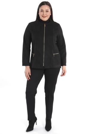 Büyük Beden Fermuarlı Siyah Süet Ceket - Angelino Moda