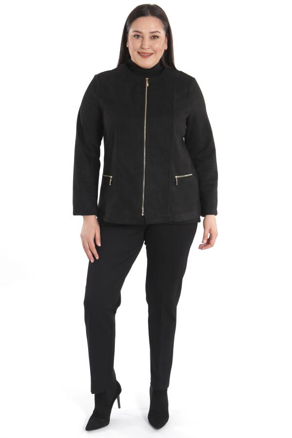 Büyük Beden Fermuarlı Siyah Süet Ceket - 1