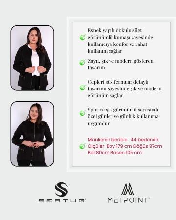 Büyük Beden Fermuarlı Siyah Süet Ceket - 3