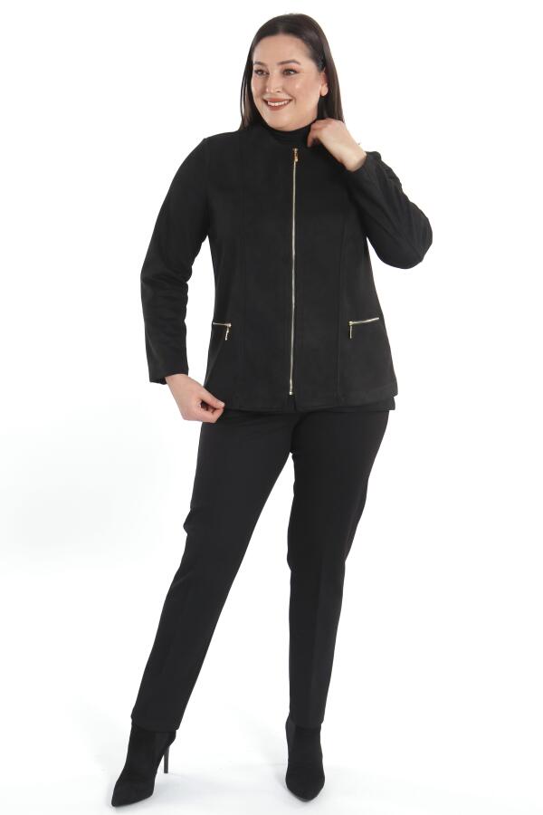 Büyük Beden Fermuarlı Siyah Süet Ceket - 7