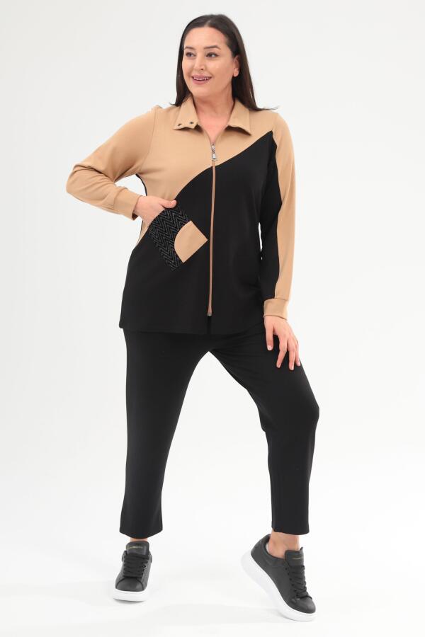 Trend42plus Büyük Beden Fermuarlı Sweatshirt Pantolon Bej Takım - 1