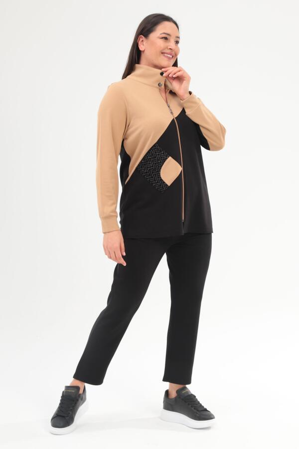 Trend42plus Büyük Beden Fermuarlı Sweatshirt Pantolon Bej Takım - 2