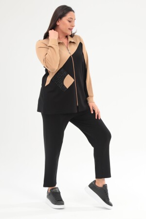 Trend42plus Büyük Beden Fermuarlı Sweatshirt Pantolon Bej Takım - 3
