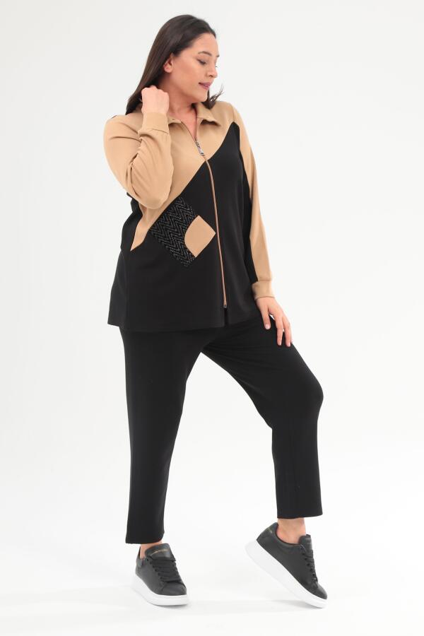 Trend42plus Büyük Beden Fermuarlı Sweatshirt Pantolon Bej Takım - 3
