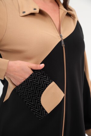 Trend42plus Büyük Beden Fermuarlı Sweatshirt Pantolon Bej Takım - 4