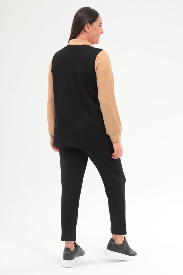 Trend42plus Büyük Beden Fermuarlı Sweatshirt Pantolon Bej Takım - 5