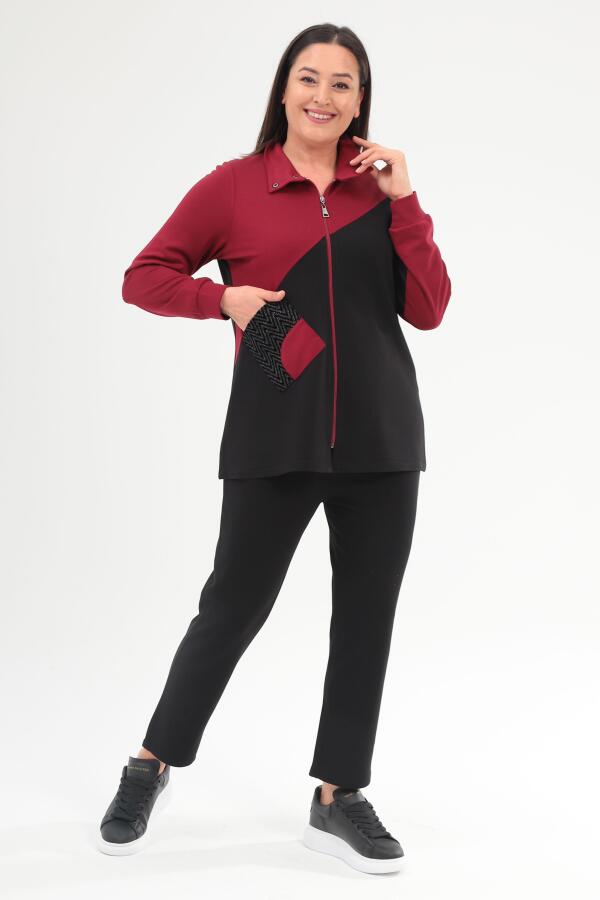 Trend42plus Büyük Beden Fermuarlı Sweatshirt Pantolon Bordo Takım - 1