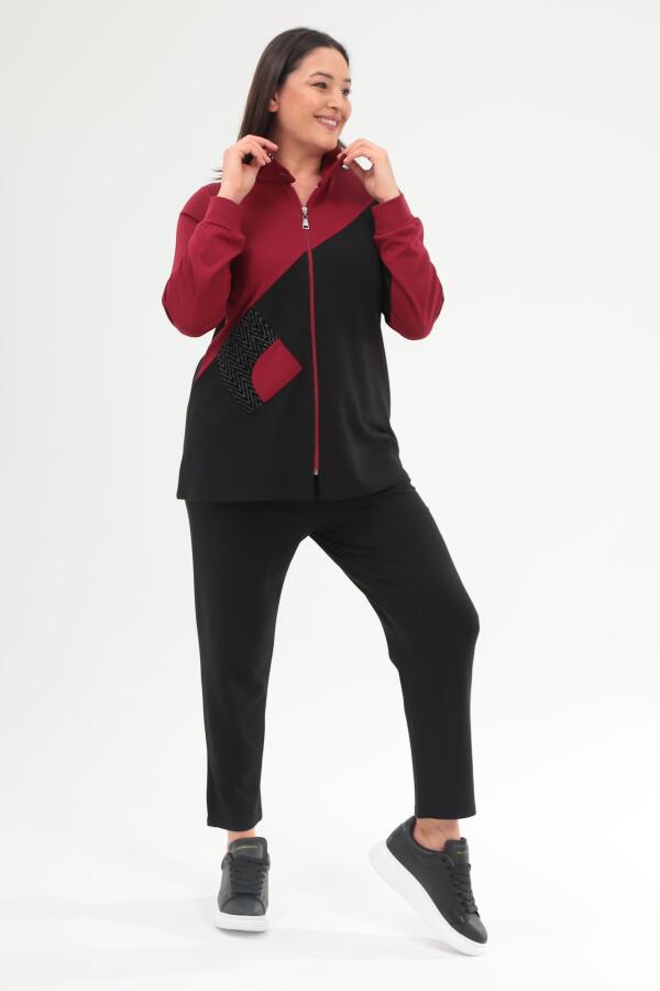 Trend42plus Büyük Beden Fermuarlı Sweatshirt Pantolon Bordo Takım - 2
