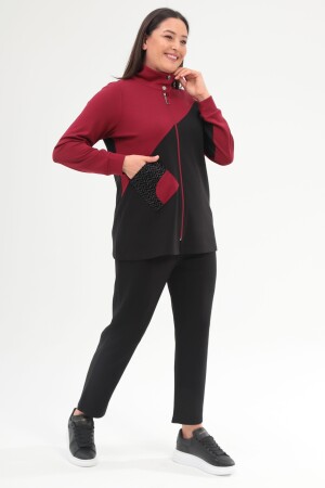 Trend42plus Büyük Beden Fermuarlı Sweatshirt Pantolon Bordo Takım - 3