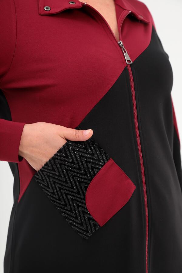 Trend42plus Büyük Beden Fermuarlı Sweatshirt Pantolon Bordo Takım - 4