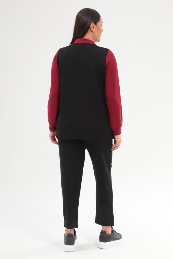 Trend42plus Büyük Beden Fermuarlı Sweatshirt Pantolon Bordo Takım - 5