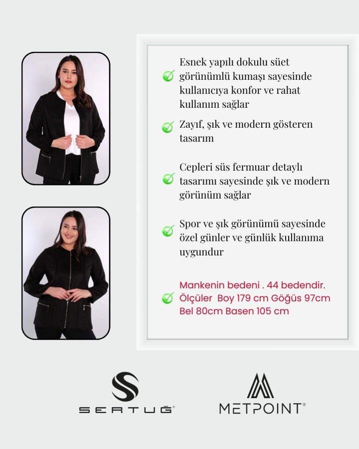 Büyük Beden Fermuarlı Taba Süet Ceket - 3