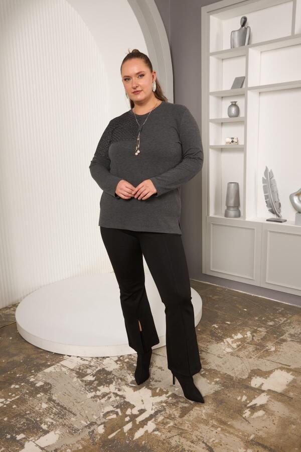 Büyük Beden File ve Kolye Detay Bluz Antrasit - 6