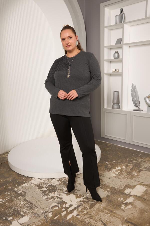 Büyük Beden File ve Kolye Detay Bluz Antrasit - 6