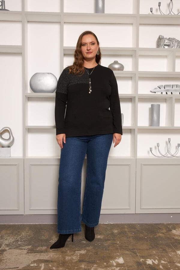 Büyük Beden File ve Kolye Detay Bluz Siyah - 6