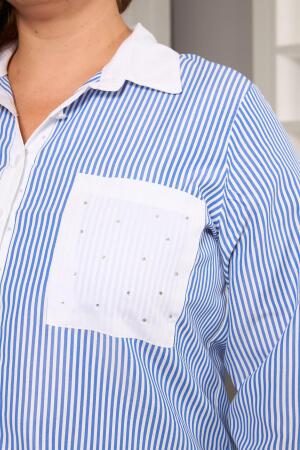 büyük Beden Garnili Çizgili Gömlek İndigo - 4