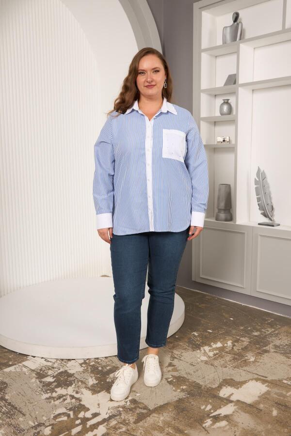 büyük Beden Garnili Çizgili Gömlek İndigo - 5