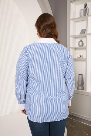 büyük Beden Garnili Çizgili Gömlek İndigo - 6