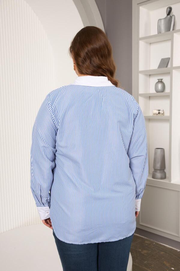 büyük Beden Garnili Çizgili Gömlek İndigo - 6