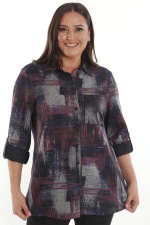 Büyük Beden Geçiş Desenli Deri Cep Detaylı Bordo Gömlek - Angelino Moda