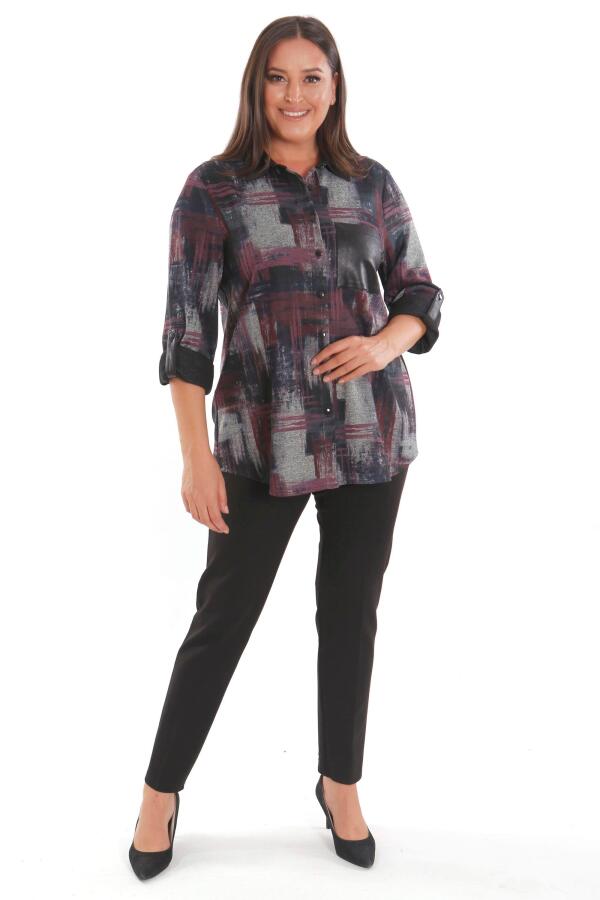 Büyük Beden Geçiş Desenli Deri Cep Detaylı Bordo Gömlek - 2