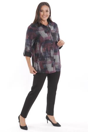 Büyük Beden Geçiş Desenli Deri Cep Detaylı Bordo Gömlek - 4