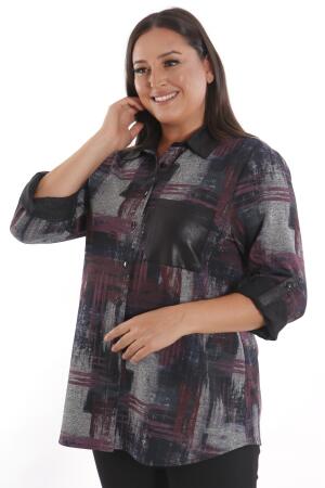 Büyük Beden Geçiş Desenli Deri Cep Detaylı Bordo Gömlek - 5