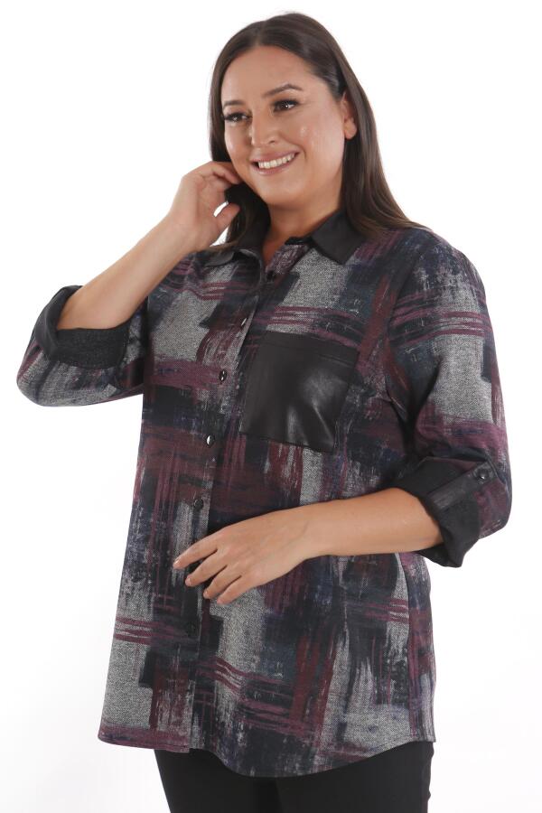 Büyük Beden Geçiş Desenli Deri Cep Detaylı Bordo Gömlek - 5