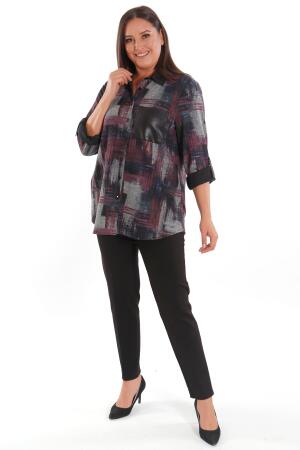 Büyük Beden Geçiş Desenli Deri Cep Detaylı Bordo Gömlek - 6