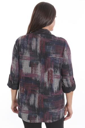 Büyük Beden Geçiş Desenli Deri Cep Detaylı Bordo Gömlek - 7