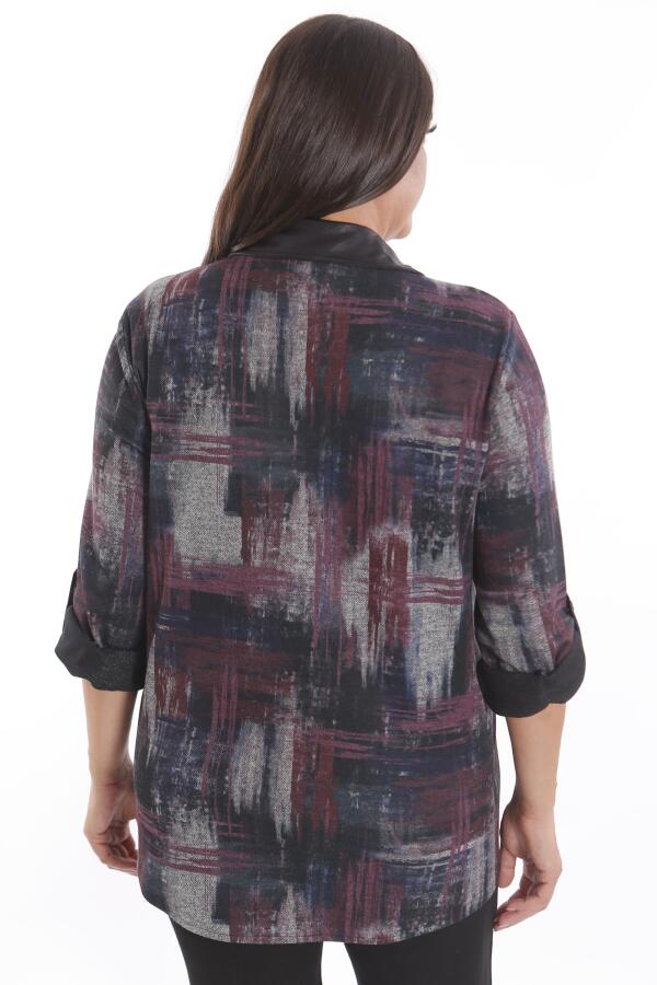 Büyük Beden Geçiş Desenli Deri Cep Detaylı Bordo Gömlek - 7