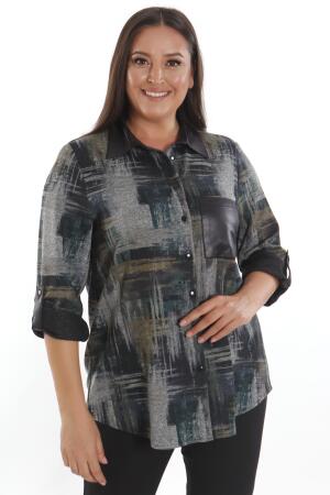 Büyük Beden Geçiş Desenli Deri Cep Detaylı Haki Gömlek - Angelino Moda