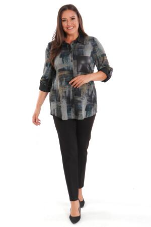 Büyük Beden Geçiş Desenli Deri Cep Detaylı Haki Gömlek - Angelino Moda (1)